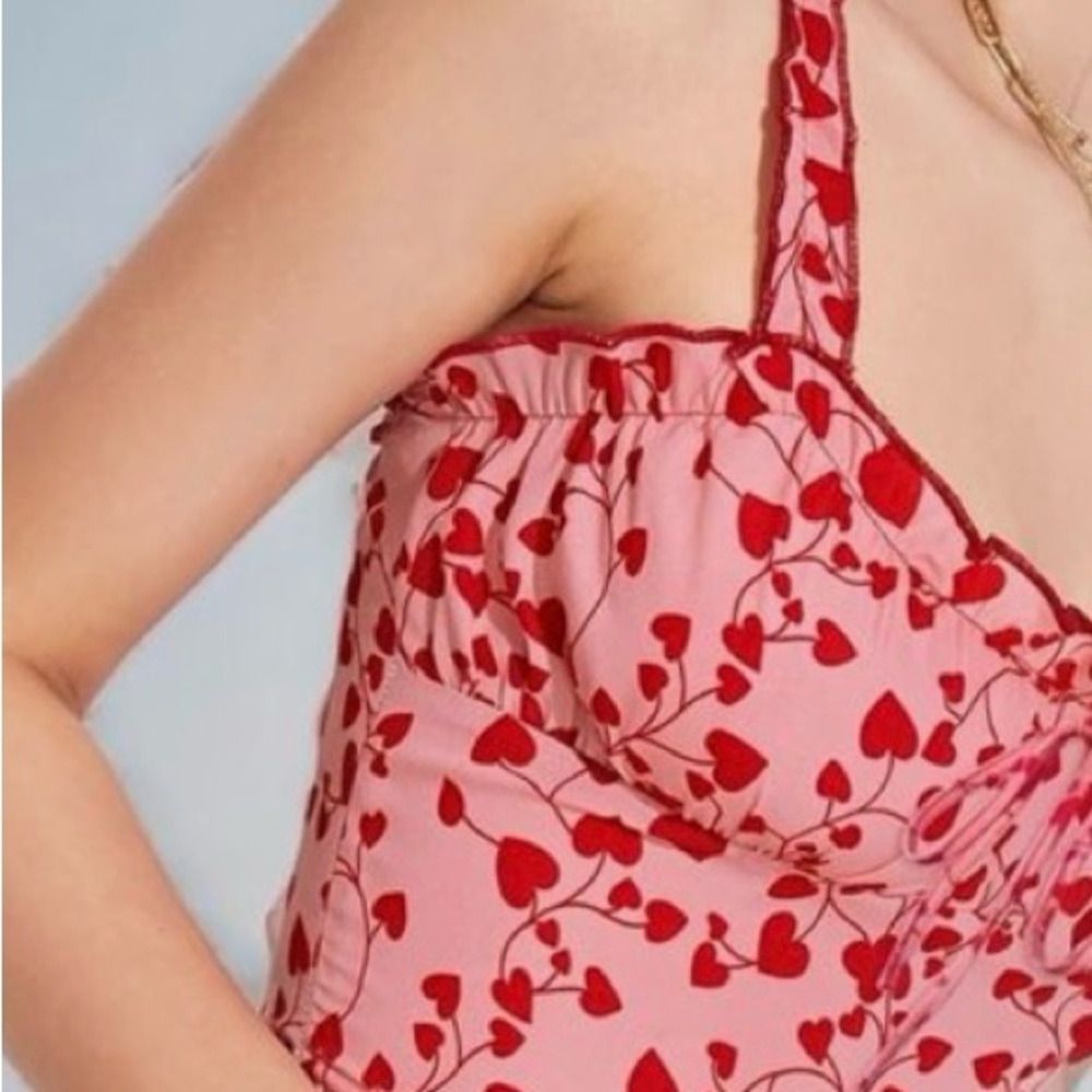 SHEIN pink red heart print all over crop top, size S Barbiecore festival summer - Picture 3 of 14